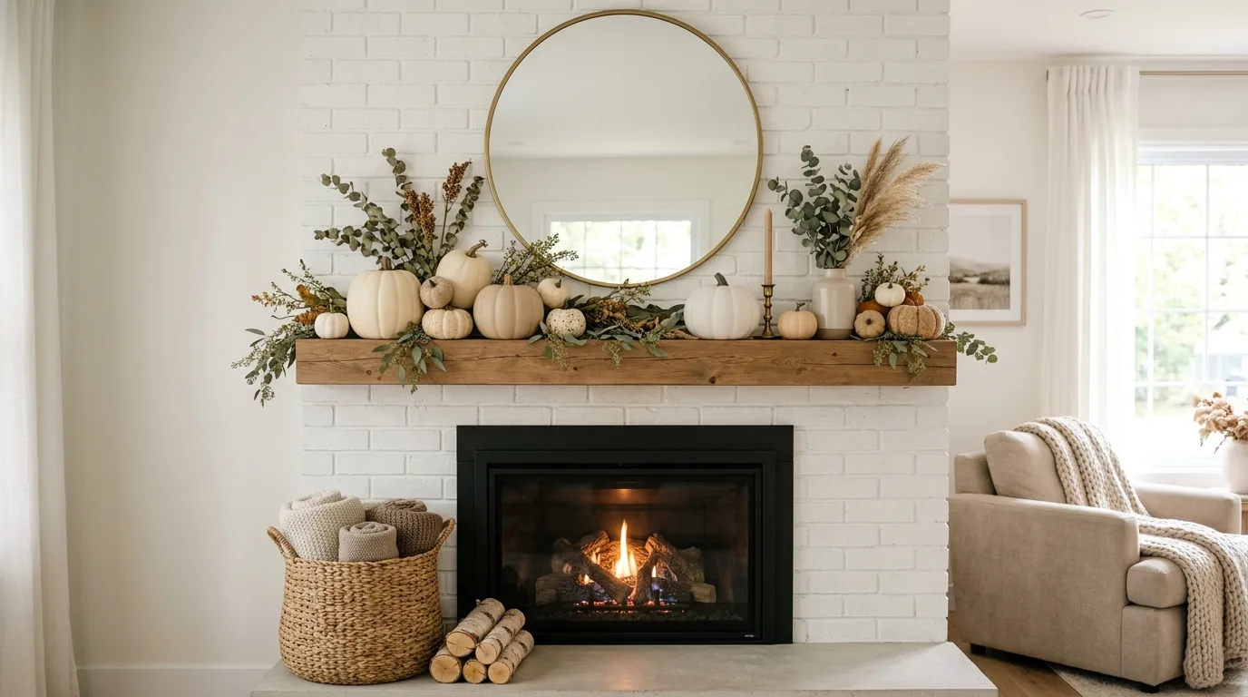 Minimal neutral fall mantel decor